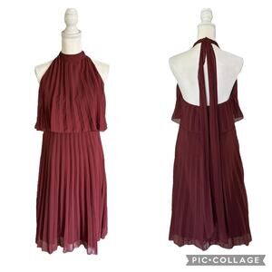 ASOS Design Burgundy Halter Tie Neck Above Knee Pleated Dress Size 8 Medium